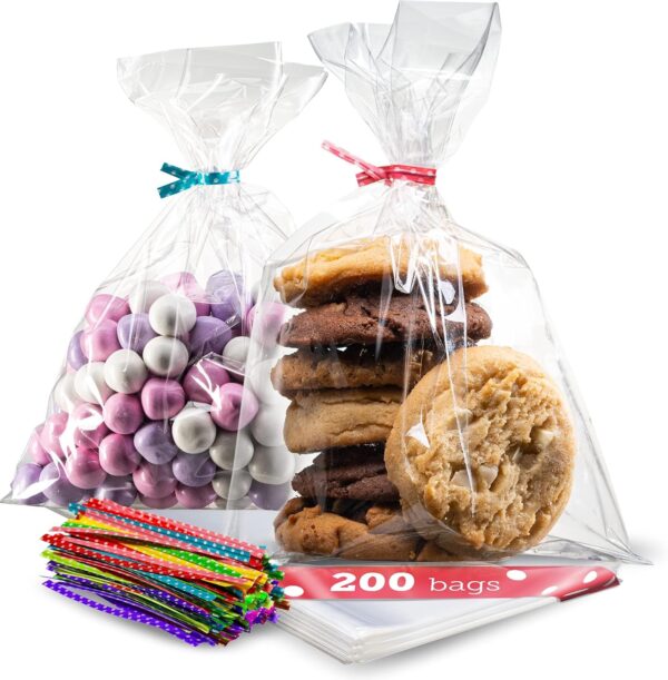 Prestee 200pk Clear Gift Bags for Favors, Cellophane Bags, 6x10 w/ 4" Twist Ties - Goodie Bags, Candy Bags, Cookie Bags for Gift Giving, Clear Treat Bags with Ties, Cellophane Treat Bags (200 Pack) 1