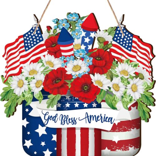 81bA-L8VjgL._AC_SL1500_ 4th of July Welcome Door Decoration Farmhouse Patriotic Wooden Sign Rustic Memorial Day Wreath Red White Blue Wall Decor American Flag Hanging Sign Independence Day Decor for Door Porch Home