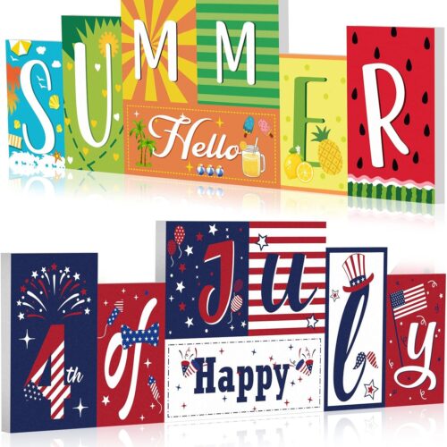 81kQPpTmZbL._AC_SL1500_ Reversible Summer Wooden Table Sign Double Sided Summer and Happy 4th of July Tabletop Sign Decor Hawaii Wood Block Summer Tiered Tray Decor for the Home Shelf Centerpiece Decor