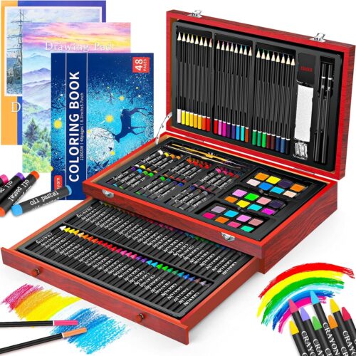 1 150-Pack Deluxe Wooden Art Set Crafts Drawing Painting Kit with 1 Coloring Book