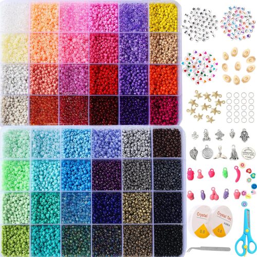 1 Crafts for Girls Ages 8–12 Birthday Gifts: 8800+pcs 4mm 12/0 48 Colors Glass Seed Beads, Charms Bracelet Jewelry Making Beads Kit