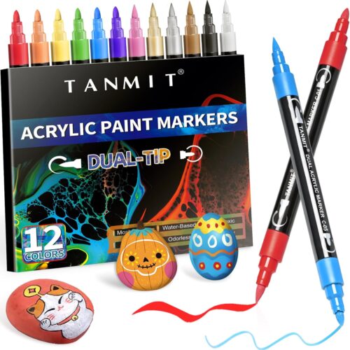 1 Acrylic Paint Pens: Twelve Different Colors of Dual-Tip Acrylic Paint Markers with Brush and Fine Tips; Ideal for Painting Rocks on Wood, Canvas, Stone, Glass, and Ceramic; Art Supplies for DIY Crafts