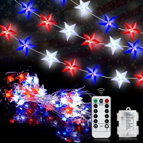 1 Red White Blue Star Lights Remote Timer Battery Operated USA Flag Patriotic Decorations
