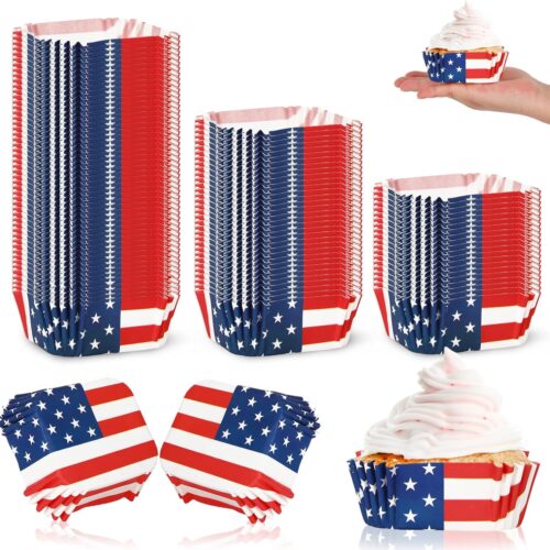 1 600 Pieces of USA Flag Paper Disposable Muffin Brownie Cup Liners, Patriotic Square Cupcake Liners, July 4th Stars Stripes Red White Blue Cupcake Wrappers, Perfect for Baking Independence Day Party Supplies