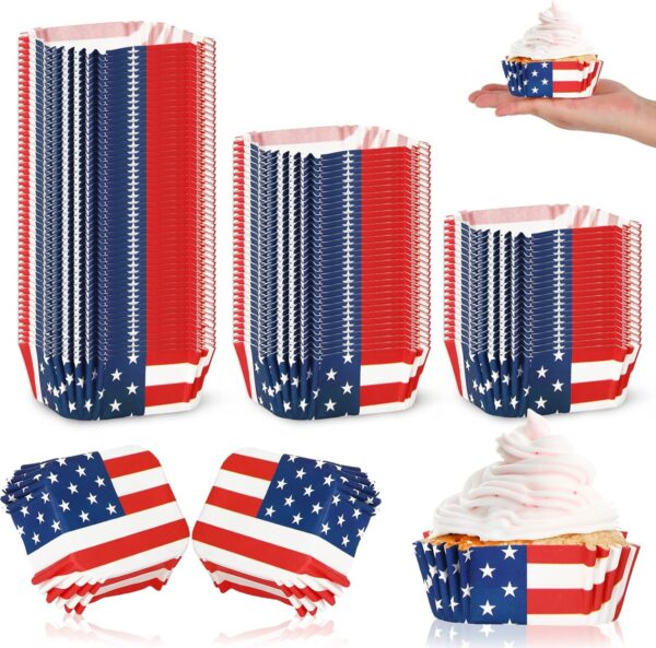600 Pieces of USA Flag Paper Disposable Muffin Brownie Cup Liners, Patriotic Square Cupcake Liners, July 4th Stars Stripes Red White Blue Cupcake Wrappers, Perfect for Baking Independence Day Party Supplies 1