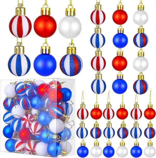 Tatuo 54 Pieces Red, White, and Blue Patriotic Ball Ornaments for Trees Independence Day Hanging Ornaments for Holiday Party Gifts Home Décor 6