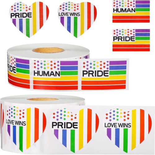 Pride Stuff Accessories for Parades & Events (Style 2) - 2 Roll 1200 Pieces LGBTQ Pride Stickers - Rainbow Heart Flag Progress Stickers, Self Adhesive Gay Bisexual Lesbian Pride Month Decorations