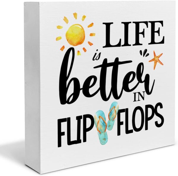 Life is Better in Flip Flops Wood Block Sign Decor for Home Beach House Outdoor Shelf Wall, Summer Beach Wood Box Sign Desk Decor 5