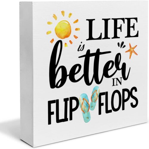 Life is Better in Flip Flops Wood Block Sign Decor for Home Beach House Outdoor Shelf Wall, Summer Beach Wood Box Sign Desk Decor