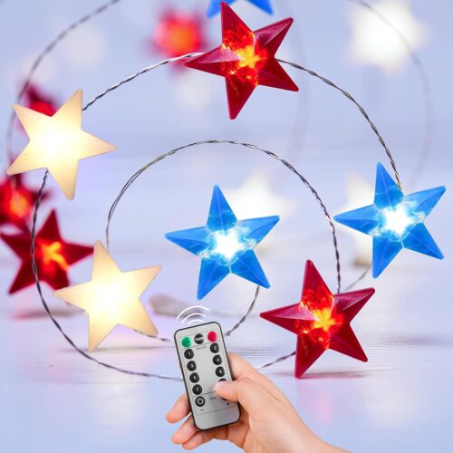 1 Minetom Independence Day Memorial Day Fourth of July Decorations 11 FT 30 LED Red, White, and Blue Lights, Battery Operated, Patriotic Star String Lights with Remote & Timer