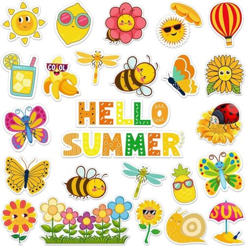 Hello Summer Cut-Outs 48 Pieces Summer Flower Cut-Outs with 90 Pieces Glue Points Decorative Cut-Outs with Colorful Paper Patterns for School Classrooms and Game Parties