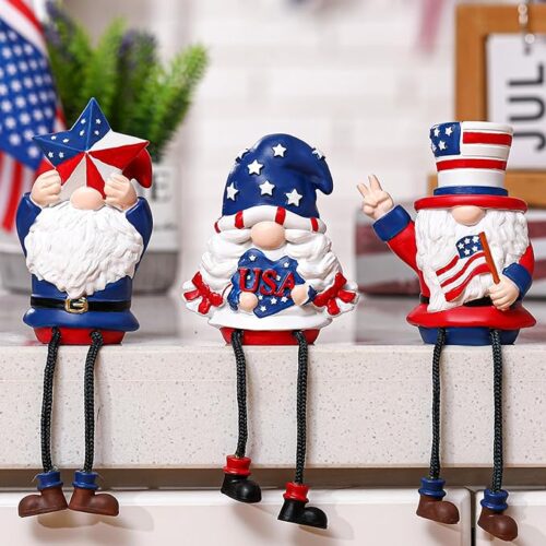 Three pieces of patriotic 4th of July gnome decorations, featuring the USA Flag resin statues and red, white, and blue gnomes for home table décor, as well as Memorial Day and Veterans Day party supplies