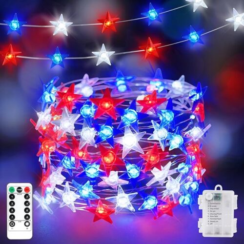 1 Patriotic Fourth of July Decorations for Independence Day, Memorial Day, and Red, White, and Blue Stars String Lights 16.4FT 50 LED Battery Operated 8 Mode Remote & Timer