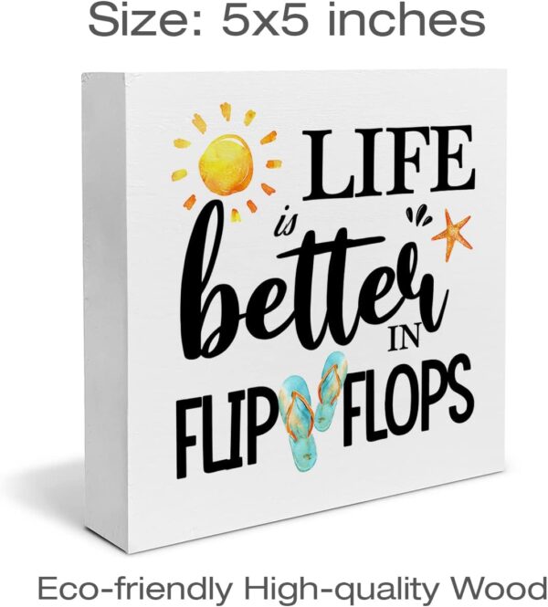 Life is Better in Flip Flops Wood Block Sign Decor for Home Beach House Outdoor Shelf Wall, Summer Beach Wood Box Sign Desk Decor 4