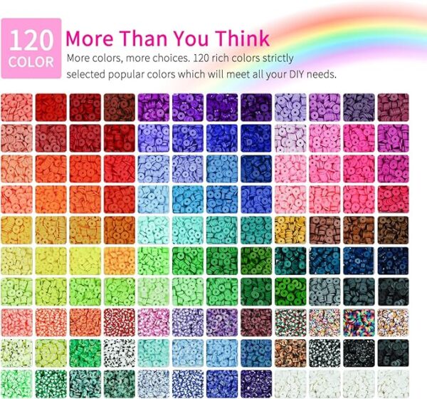The Paodey 20,000 Piece Clay Bead Bracelet Making Kit comes with 6 boxes of 120 colors of polymer beads, spacer heishi beads, and elastic strings. It's a great craft gift for kids and adults. 4