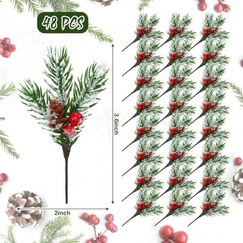 2 Snow Artificial Christmas Picks Floral Pine Cones Faux Stems Spray Christmas Tree Picks Artificial Pine Branches