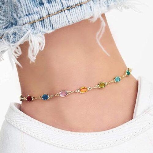2 Gold Plated Gold and Multi Color Crystal Baguette Anklet