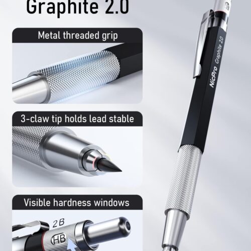 3PCS Metal Drafting Pencil 0.5 mm & 0.7 mm & 0.9 mm & 3PCS 2mm Graphite Lead Holder (2B HB 2H) For Writing
