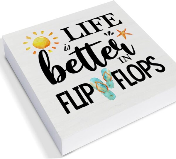 Life is Better in Flip Flops Wood Block Sign Decor for Home Beach House Outdoor Shelf Wall, Summer Beach Wood Box Sign Desk Decor 3