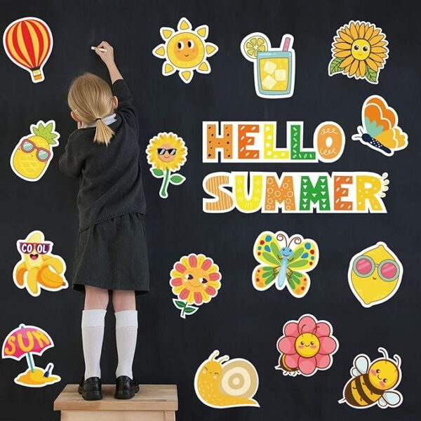 Hello Summer Cut-Outs 48 Pieces Summer Flower Cut-Outs with 90 Pieces Glue Points Decorative Cut-Outs with Colorful Paper Patterns for School Classrooms and Game Parties 3