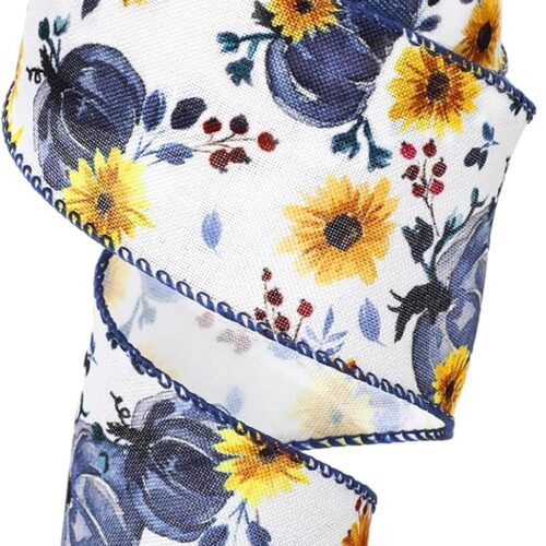 Blue Watercolor Ribbon Autumn Pumpkin Sunflower