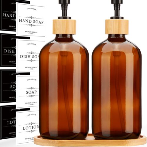 Premium Amber Glass Soap Dispenser with Bamboo Tray