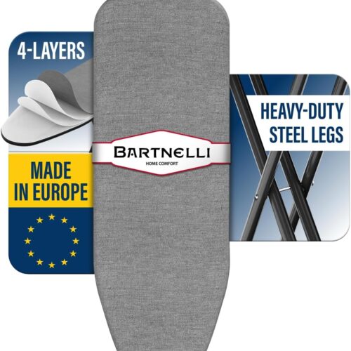 1 Bartnelli Ironing Board Made in Europe | Iron Board with 4 Layered Cover & Pad, Height Adjustable up to 36" Features A Safety Iron Rest, 4 Steel Legs, for Home Laundry Room or Dorm Use (43x14)