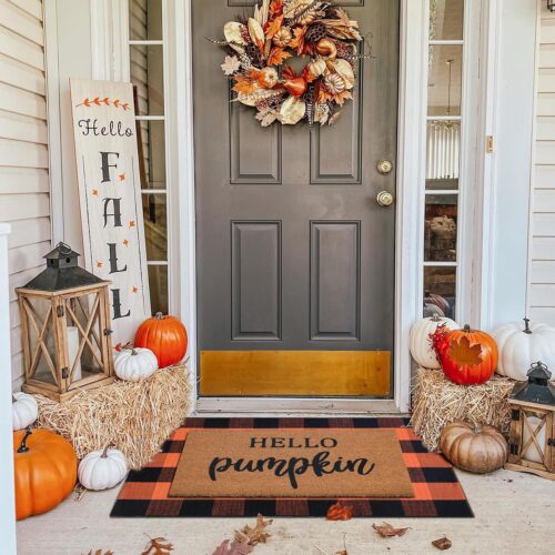 100% Coco Coir Welcome Mat + 28 x 43 Inches Orange and Black Plaid Mat