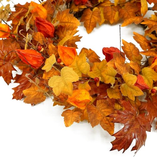 1 22 inch Artificial Fall Wreath Maple Leaf Wreath with Cape Gooseberry