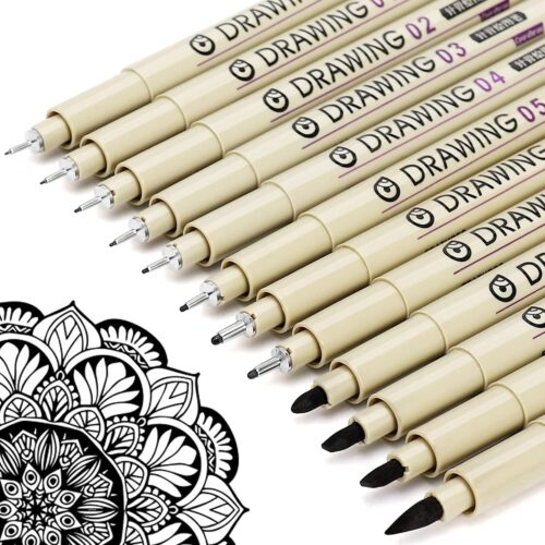 12 Black Fine Line Waterproof Ink Set Artist Supplies Archival Inking Markers