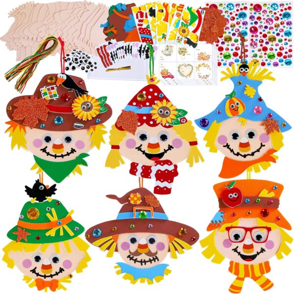 Winlyn 24 Sets Fall Craft Kits Autumn Scarecrow Crafts Fall Scarecrow Head Craft Kits Maple Leaves Pumpkins Harvest Foam Stickers Arts and Crafts for Kids Classroom Activities Holiday Party Favors 1