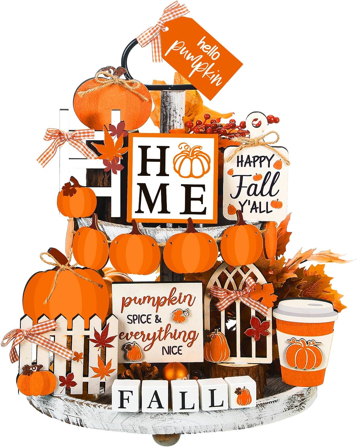 Set of 15 Fall Tiered Tray Decor Pumpkins Farmhouse Decor Autumn Maple Leaf Table Centerpieces Thanksgiving Harvest Wood Blocks Signs for Home Decor(Cute Style)