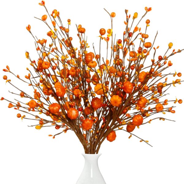 Sggvecsy Fall Artificial Berry Stems 6Pcs Berry Picks Branches Fall Orange Stems Floral Arrangements with Fake Pumpkin for Autumn Thanksgiving Harvest Home Vase Festival Indoor Christmas Decor(Orange) 1