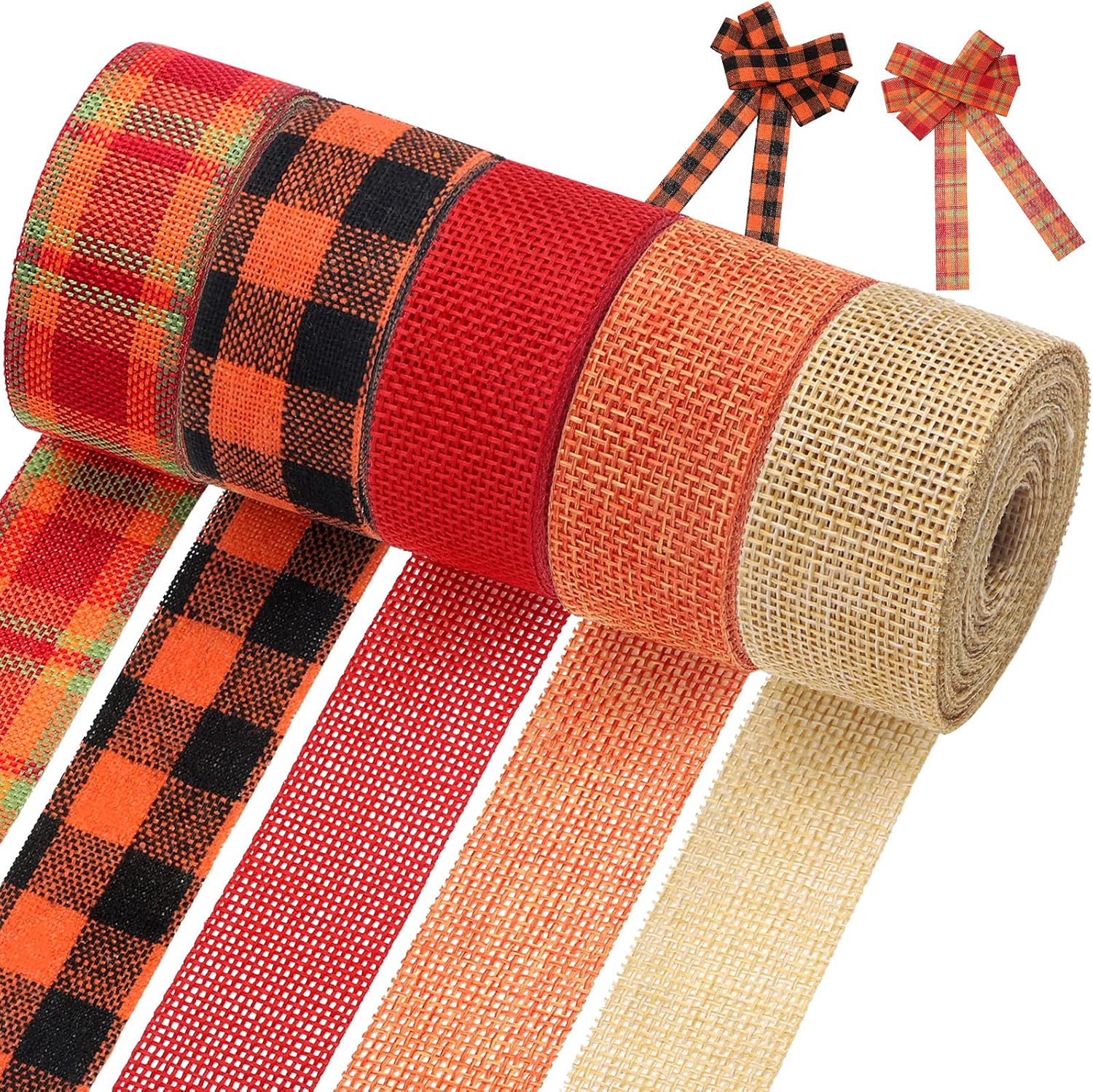 Waydress 5 Rolls 30 Yards Fall Burlap Ribbon 1 Inch Fall Wrapping Ribbon Thanksgiving Ribbon Decorative Autumn Plaid Ribbon Rolls for Autumn Harvest Thanksgiving Wreath Decoration