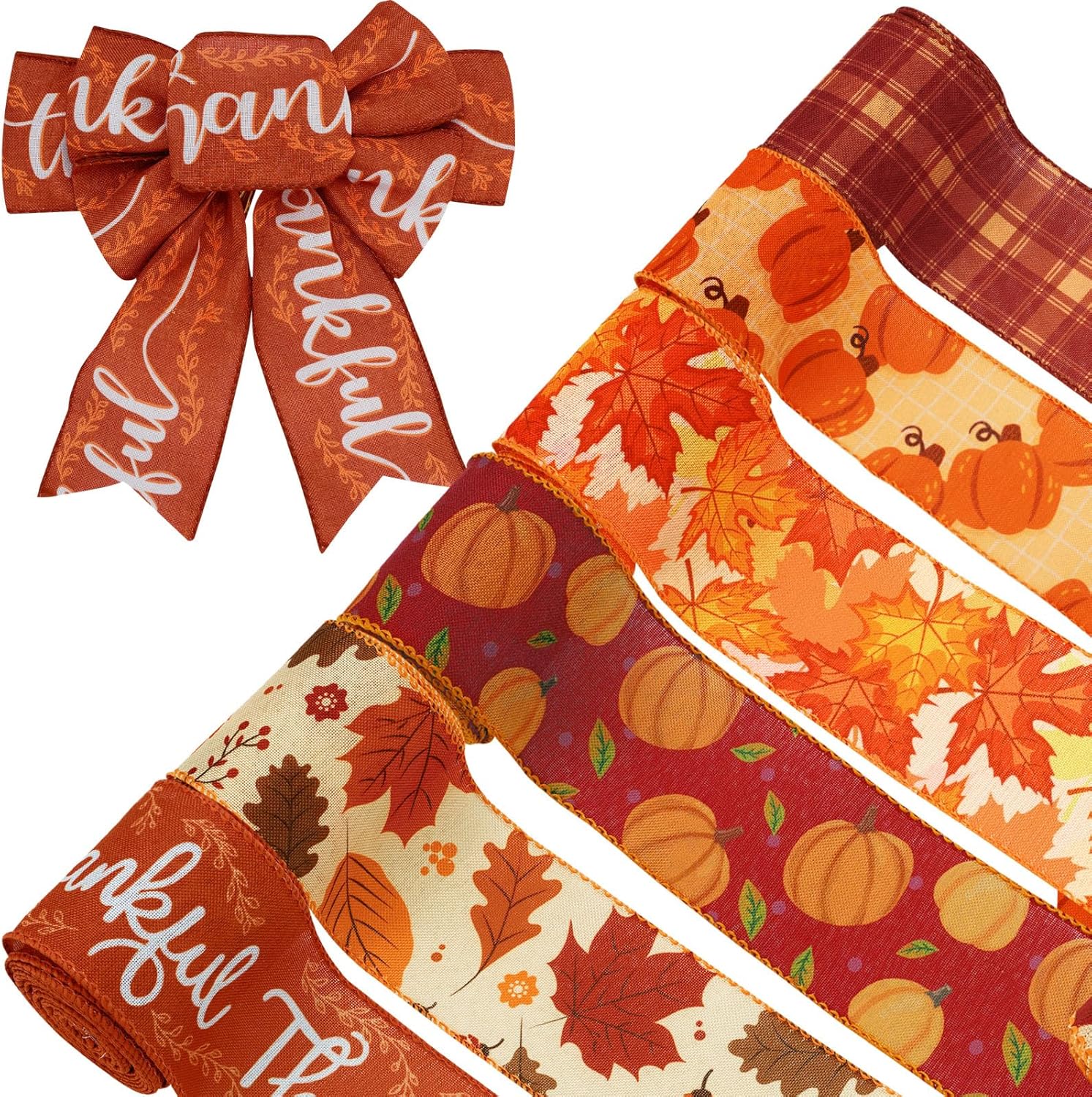 AnyDesign Fall Wired Edge Ribbons 36 Yards Pumpkin Maple Leaves Fabric Ribbon Orange Brown Autumn Leaves Plaids Craft Ribbon for Thanksgiving Farmhouse Bow Making Wreath Decor, 6 Roll