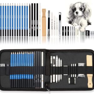 KALOUR 33 Pieces Pro Drawing Kit Sketching Pencils Set,Portable Zippered Travel Case-Charcoal Pencils, Sketch Pencils, Charcoal Stick,Sharpener,Eraser.Art Supplies for Artists Beginner Adults Teens