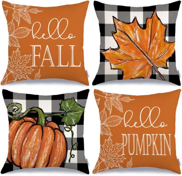 Fall Pillow Covers 18x18 Set of 4 for Fall Decor Buffalo Plaid Pumpkin and Maple Leaves Outdoor Pillows Decorative Throw Pillows Farmhouse Thanksgiving Decorations Autumn Cushion Case for Couch 1
