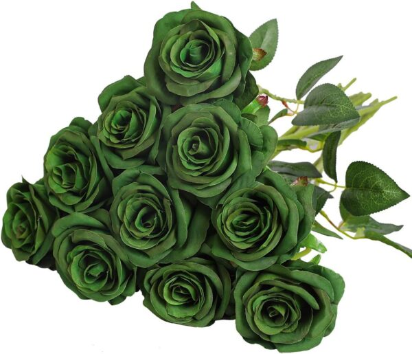 Nubry Artificial Silk Rose Flower Bouquet Lifelike Fake Rose for Wedding Home Party Decoration Event Gift 10pcs (Dark Green) 1