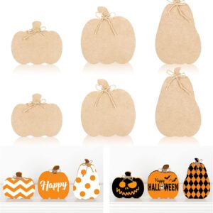 Whaline 6Pcs Fall Pumpkin Wooden Cutouts with Ropes 3 Design Unfinished Pumpkin Shaped Table Wooden Signs for Fall Thanksgiving Halloween Tiered Tray Decor Home Kitchen Office DIY Craft