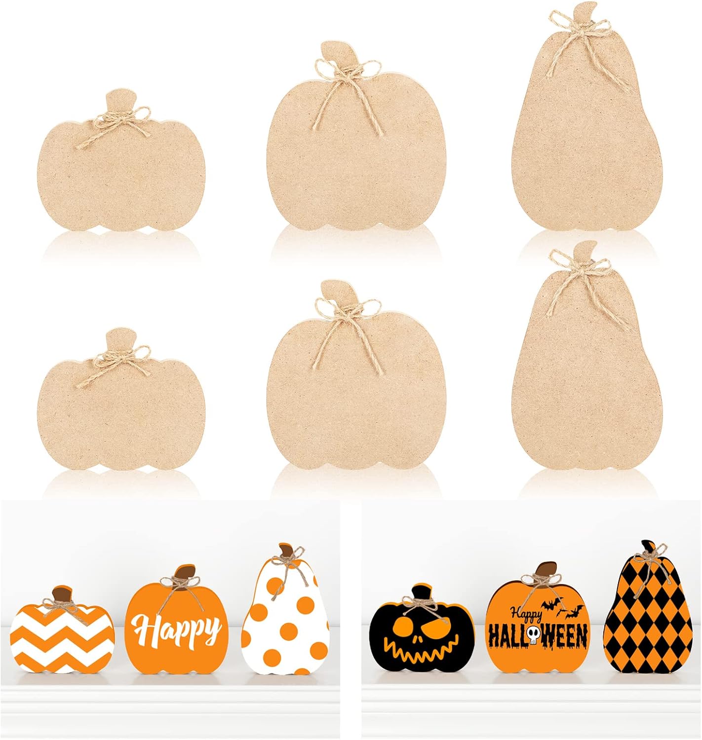 Whaline 6Pcs Fall Pumpkin Wooden Cutouts with Ropes 3 Design Unfinished Pumpkin Shaped Table Wooden Signs for Fall Thanksgiving Halloween Tiered Tray Decor Home Kitchen Office DIY Craft