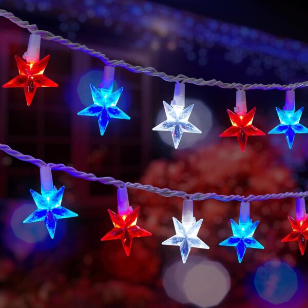 4th of July Decor Red White Blue Stars String Lights, 17ft 50 LED Waterproof Connectable Patriotic LED Star Fairy Lights for Independence Day President Day Memorial Day 1