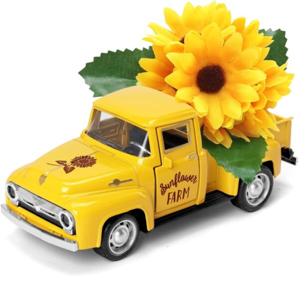 Huray Rayho Sunflower Metal Truck with Artificial Plastic Flower Yellow Vintage Farm Pickup Farmhouse Tabletop Tiered Tray Decor Home Kitchen Mantel Shelf Spring Mini Diecast Truck Decorations 1
