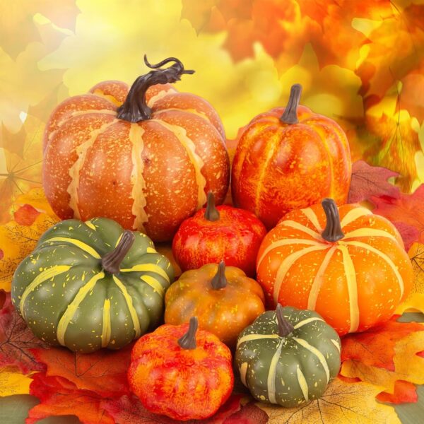 DomeStar 38PCS Thanksgiving Artificial Pumpkins Sets, 8PCS Assorted Pumpkins with 30PCS Artificial Maple Leaves Fake Pumpkins Farmhouse Pumpkins Fall Harvest Table Centerpieces Halloween Decor 1