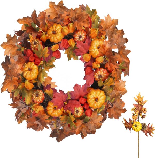 Fall Wreath 24’’Autumn Front Door Wreath Harvest Wreath with Pumpkin Berry Leaves Fall Decorations for Outside Indoor Wall Window Festival Thanksgiving Halloween Decor 1