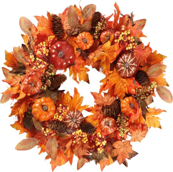 Sggvecsy Fall Wreath 20’’ Autumn Front Door Wreath Harvest Wreath with Various Pumpkin Cluster of Berries Maple Leaves Pine Cones for Outside Indoor Wall Window Festival Thanksgiving Autumn Fall Decor 1