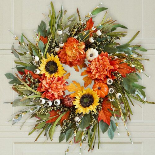 Inch Fall Wreaths for Front Door Outside, Sunflower Autumn Door Wreath with Pumpkin and Dahlias