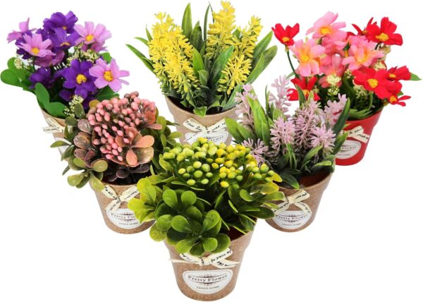 LUEUR Set of 6 Potted Artificial Flowers Fake Flowers with Vase Faux Flowers in Pot, Spring Decor for Home Office Floral Arrangement for Table Dinning Room Decoration Shelf Decor 1