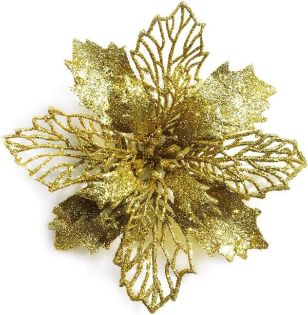 GL-Turelifes 12 Pcs 6.3’’Diameter Glitter Christmas Flowers Gold Poinsettia Artificial Flower Christmas Wreath Christmas Tree Flowers Tree Ornaments with 12 Pcs Green Flower Stem 1