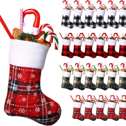 1 24 Pieces Christmas Stockings Bulk Mini Buffalo Plaid Stocking
