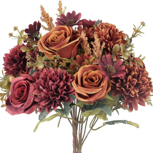 1 Artificial Fall Flowers 2 Colors Fake Roses Silk Bouquets